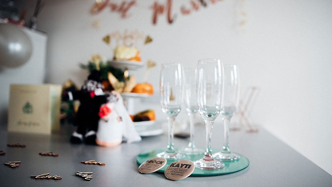Glasses and Cookies ready at wedding reception - London elopement wedding