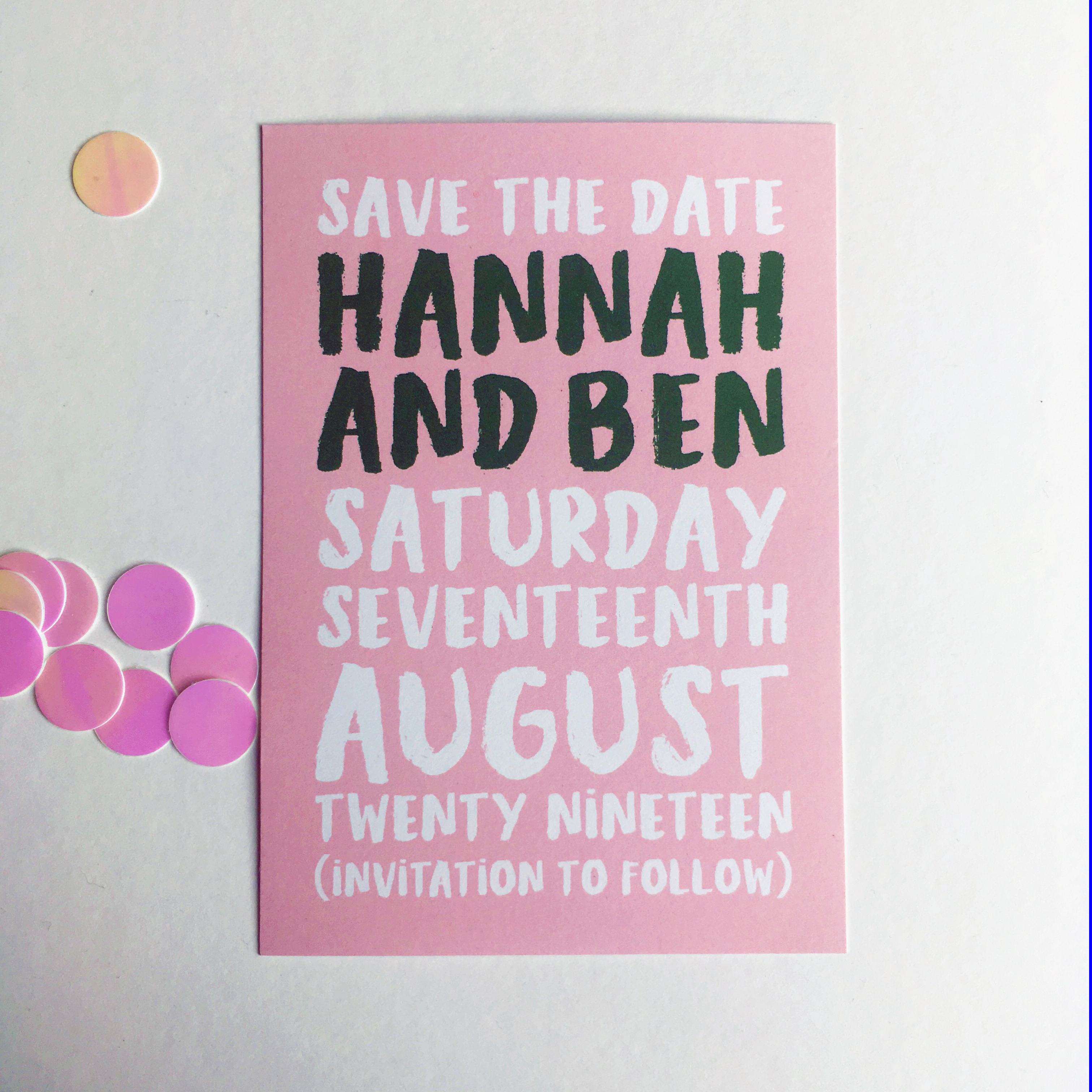 Save the Date Invite with pink background from Harriett and Joel Wedding Stationers