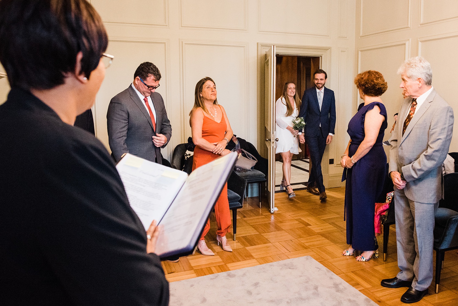 Bride and groom entrance Old Marylebone Town Hall Elopement